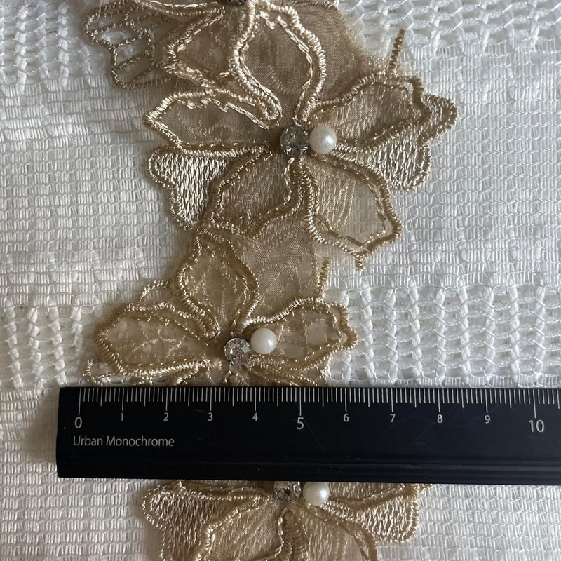 Buysk 2 Yards 3D Pearl Beads Flower Lace Trim Ribbon Floral Applique Embroidered Lace Fabric for Sewing DIY Crafts (Brown) - Image 3